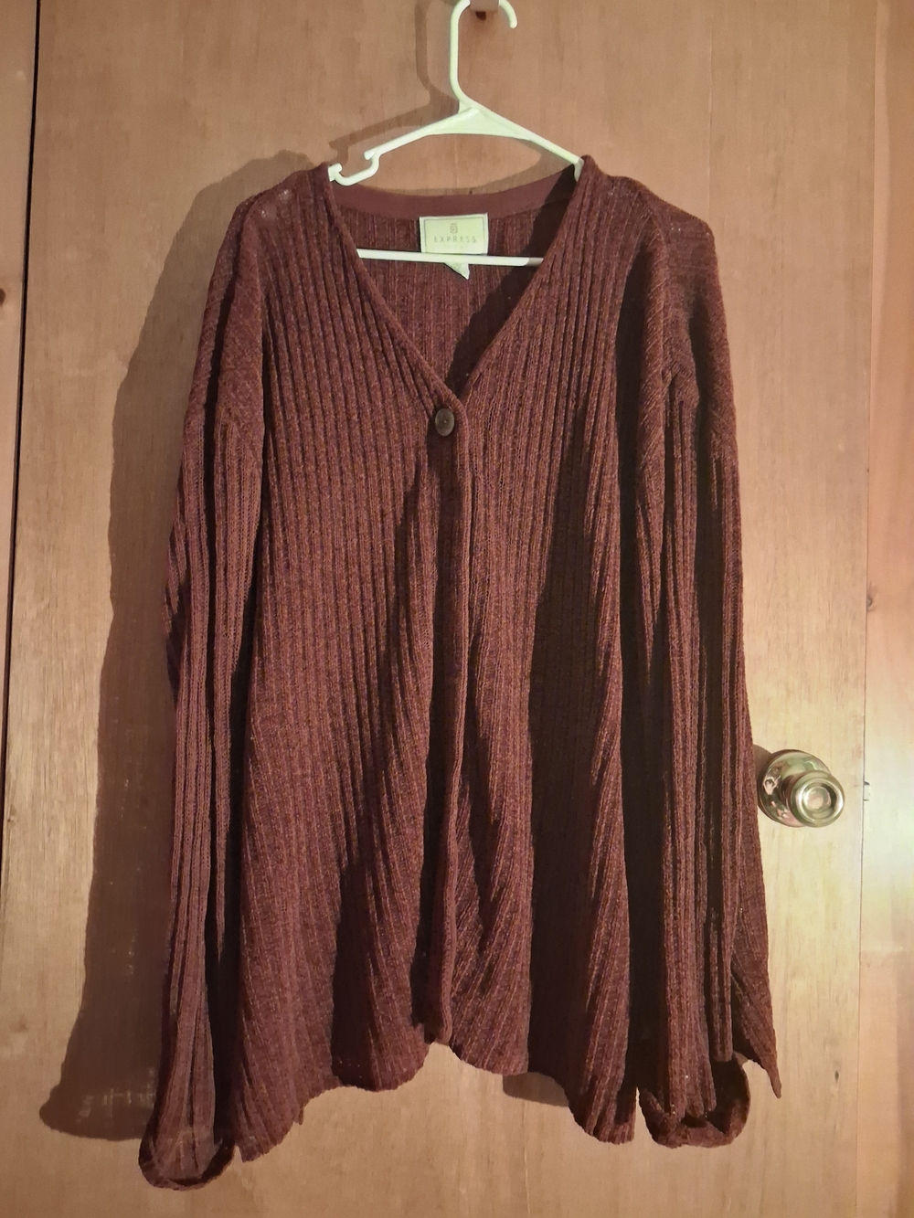 Express V-Neck Ribbed Cardigan Sweater in Chestnut Brown